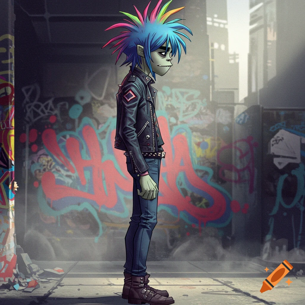 A full-body side profile of 2D from Gorillaz with blue and colorful spiked hair, wearing a leather jacket and jeans, standing in a graffiti-covered urban alley.