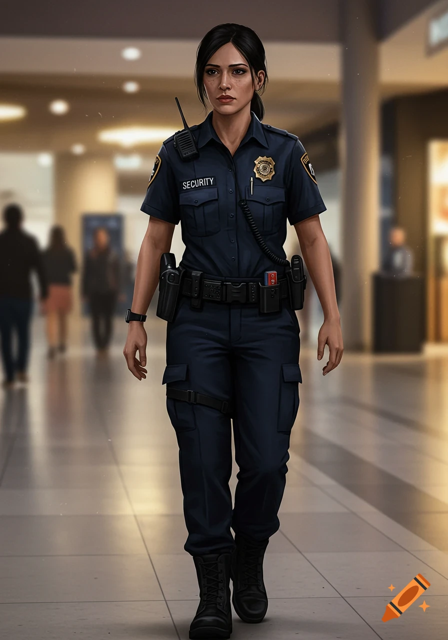 A realistic depiction of a female security guard in uniform walking through a blurred indoor public space.