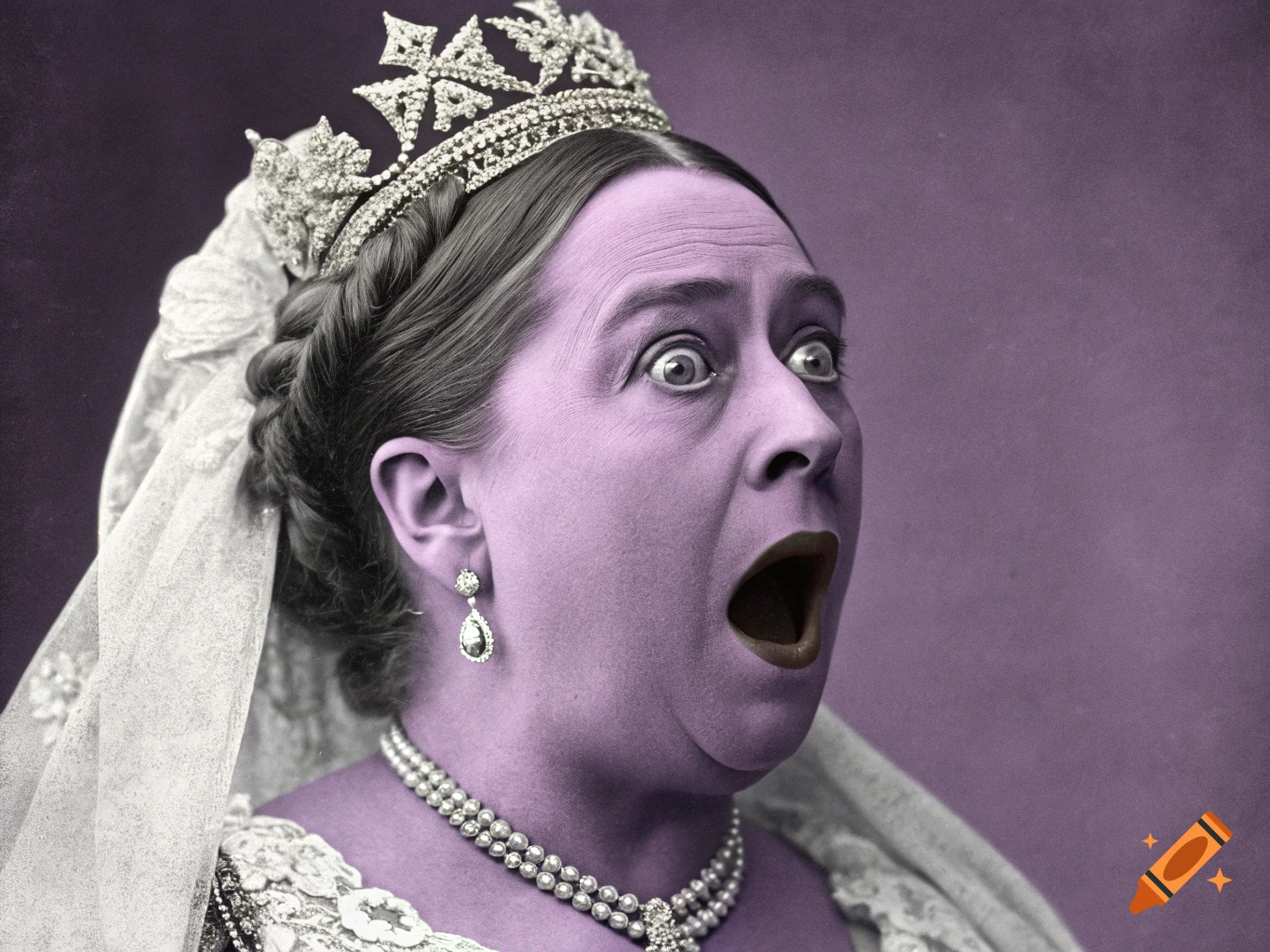A close-up portrait of Queen Victoria with purple skin and a shocked expression, wearing a crown and pearls.