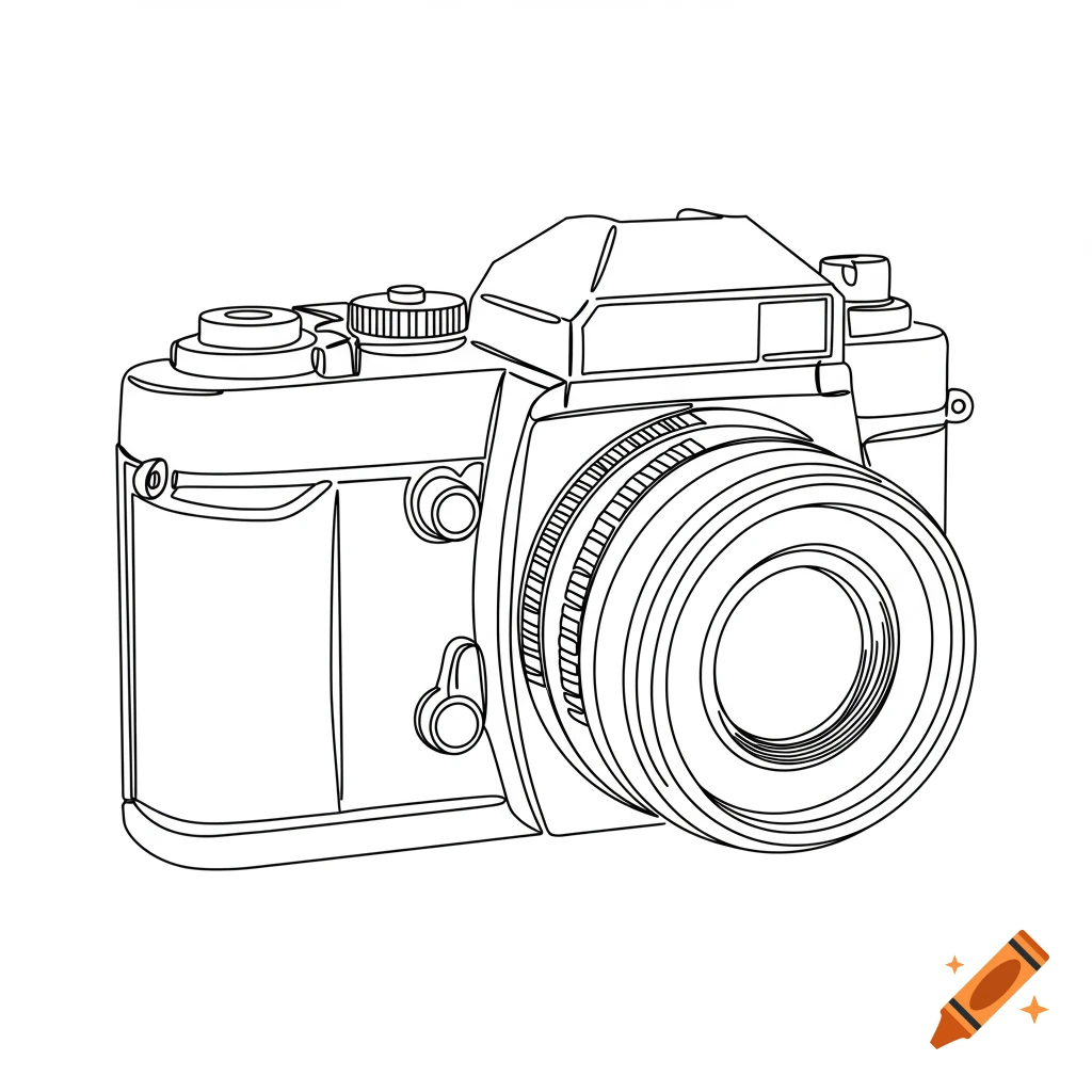 Simple one-line drawing of an old-school camera on a white background.