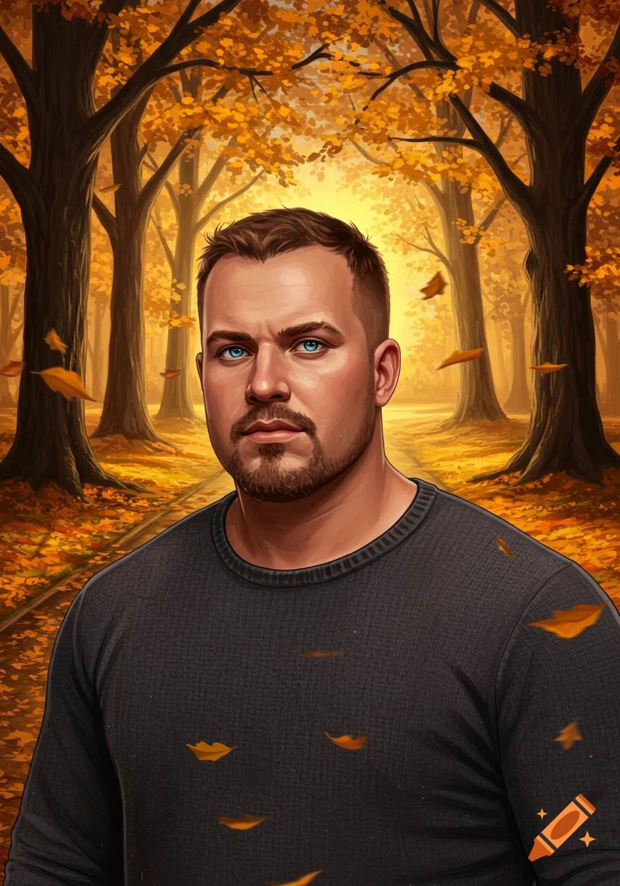 A blue-eyed man with a goatee and short brown hair stands in an autumn forest with golden trees and falling leaves, digital art style.