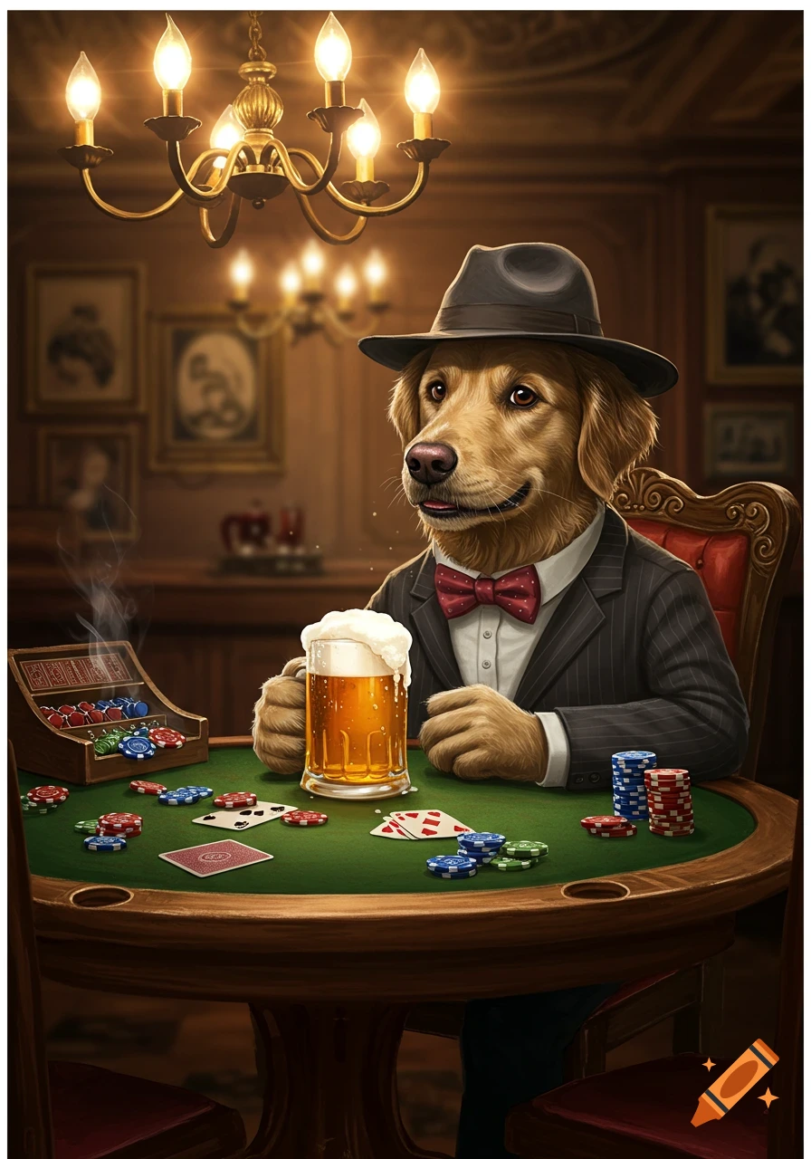 A golden retriever dog wearing a suit and fedora, holding a beer mug at a poker table with chips and cards.