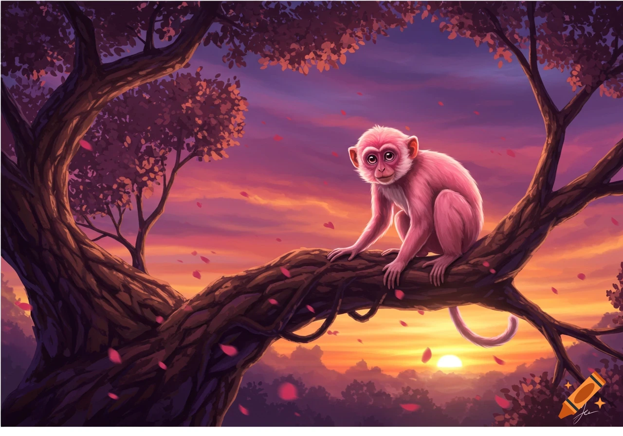 A pink monkey sits on a tree branch at sunset, with leaves falling around it, in an illustrative style.