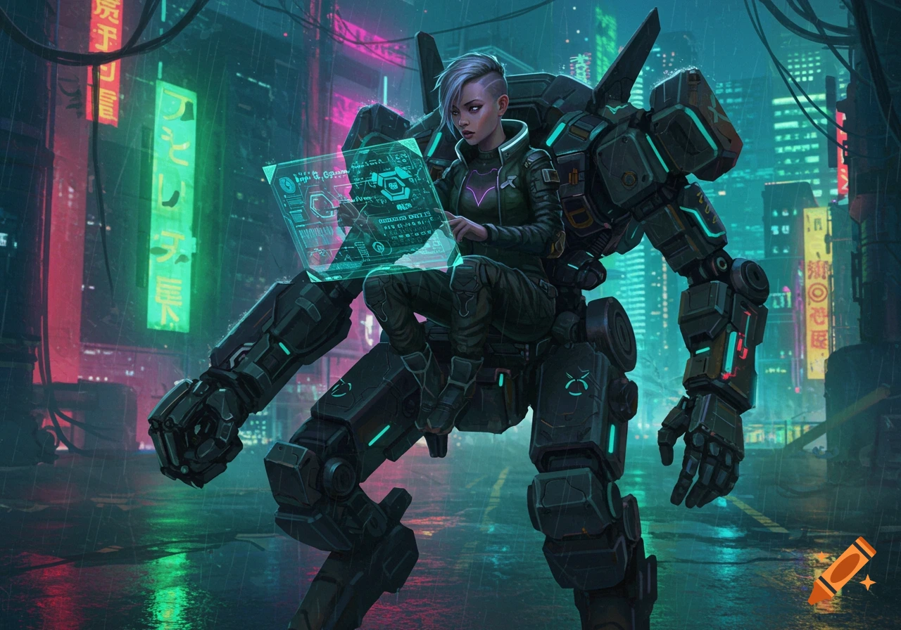 A female hacker mech pilot sits on her large mech, viewing a holographic screen in a rainy cyberpunk city.