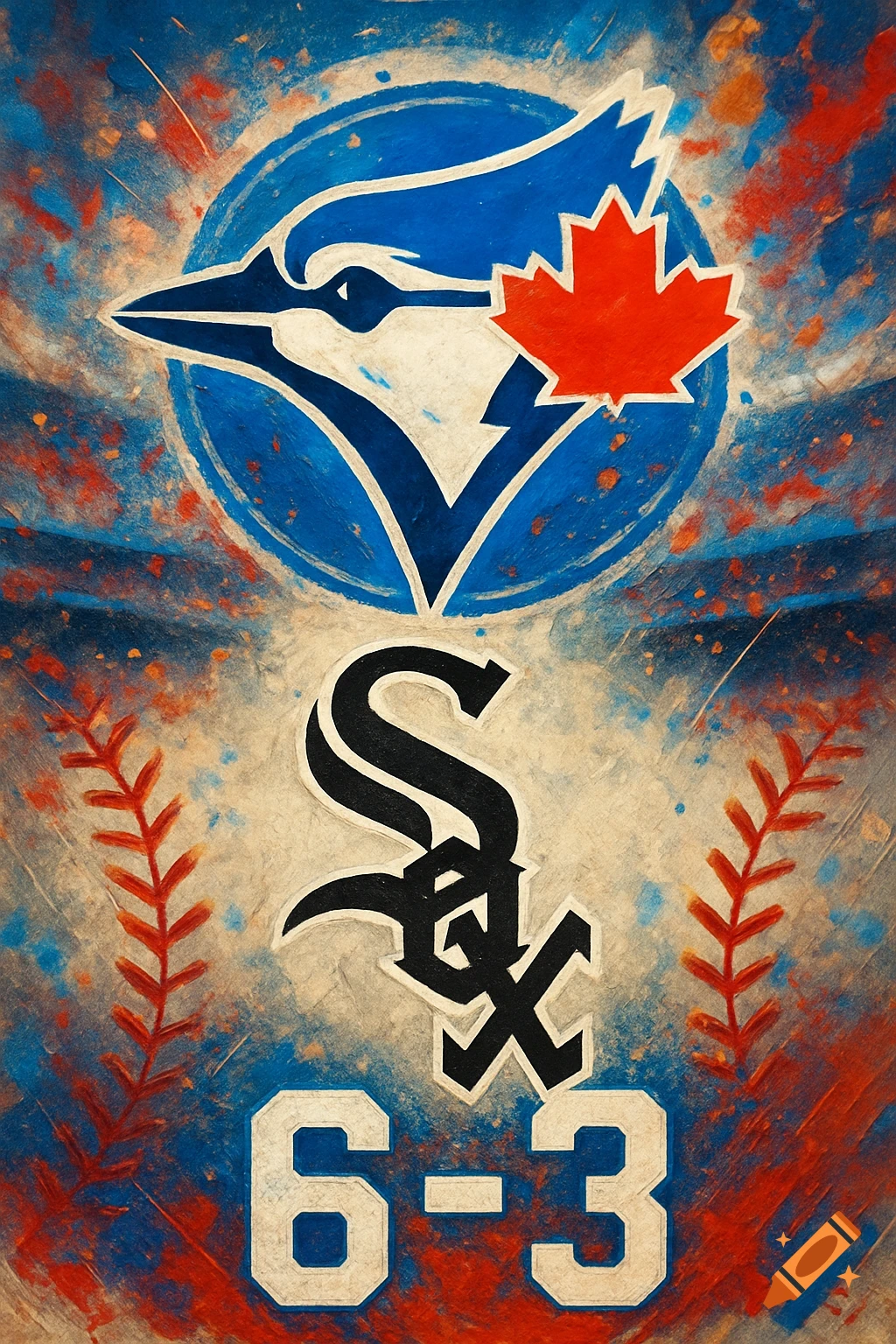 A stylized graphic featuring the Toronto Blue Jays logo over the Chicago White Sox 'Sox' logo, with the score 6-3 below, in a distressed red, white, and blue painterly style.