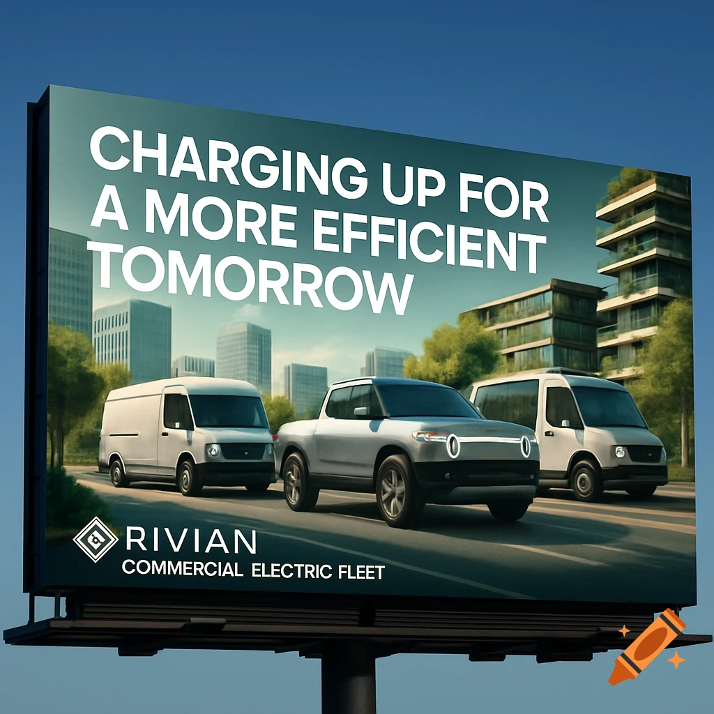 A photorealistic image of a billboard advertising Rivian's Commercial Electric Fleet, featuring a truck and vans on a road with city buildings in the background. The billboard reads, "CHARGING UP FOR A MORE EFFICIENT TOMORROW".