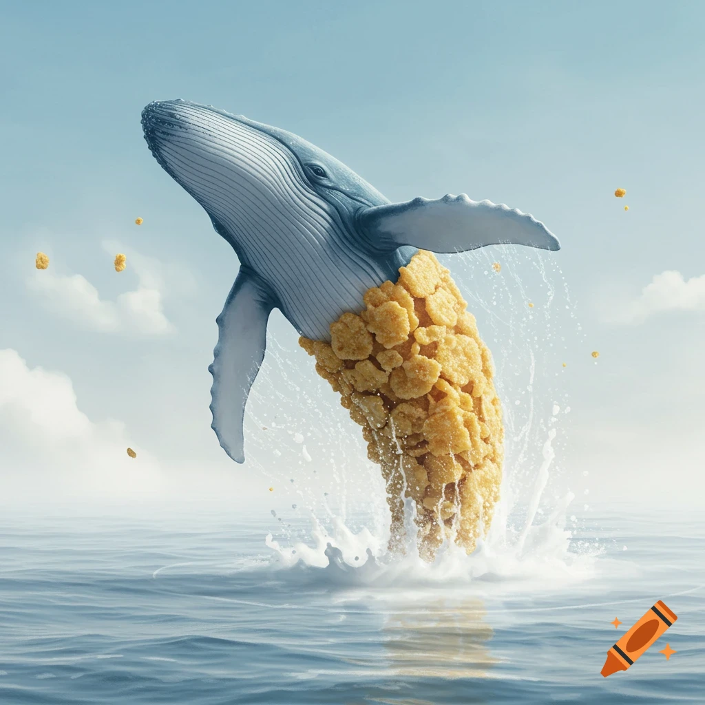 Photorealistic image of a blue whale, its lower half made of cereal flakes, breaching from the ocean.