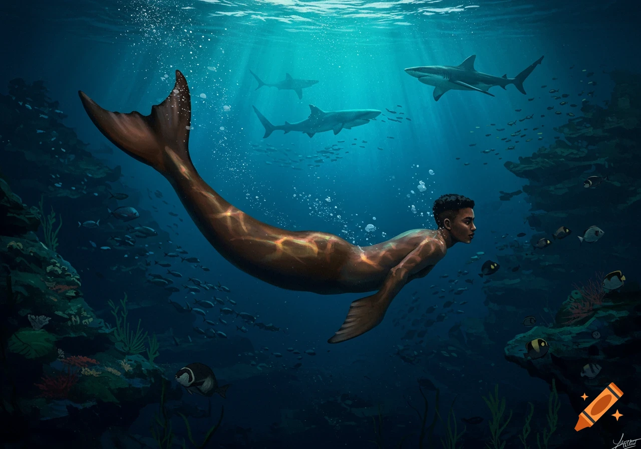 A merman with a dark brown seal tail swims in a blue ocean alongside sharks and schools of fish.