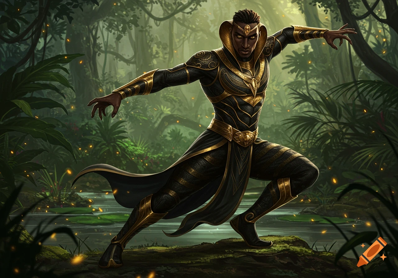 A dark-skinned man in ornate black and gold armor with a cobra-hooded collar poses in a lush, glowing jungle at dusk.