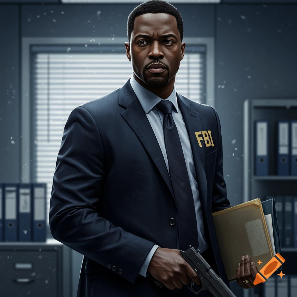 Photorealistic portrait of a Black male FBI agent in a suit, holding a handgun and documents in an office.