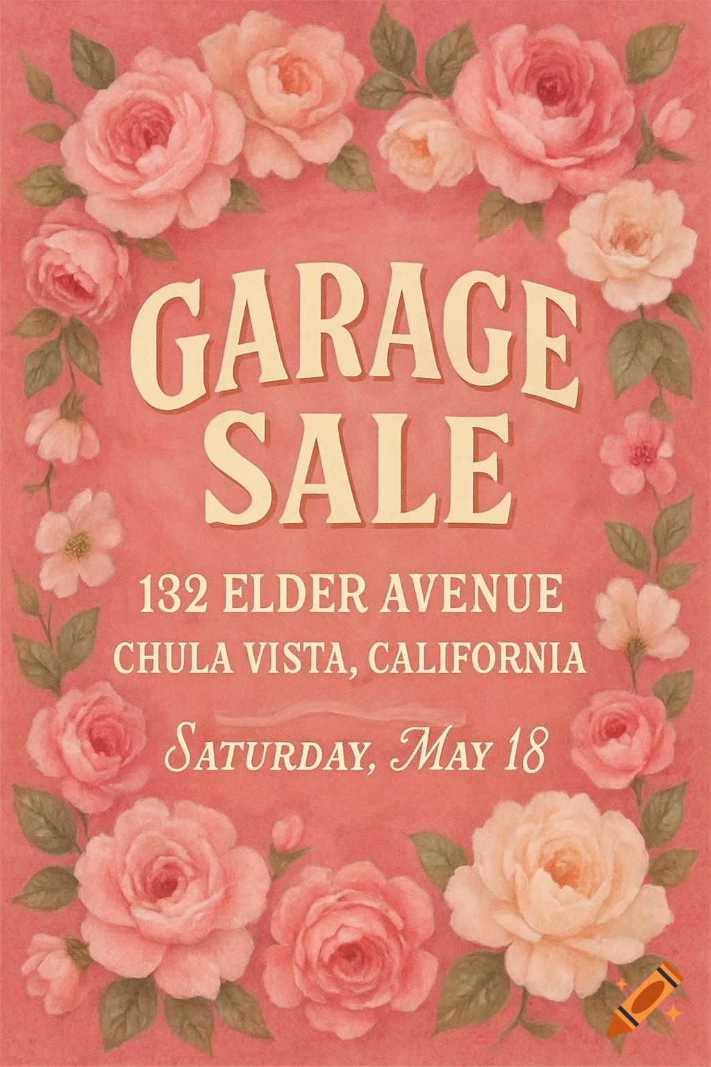 A pink and floral garage sale flyer with text 'GARAGE SALE', '132 ELDER AVENUE', 'CHULA VISTA, CALIFORNIA', and 'Saturday, May 18'.