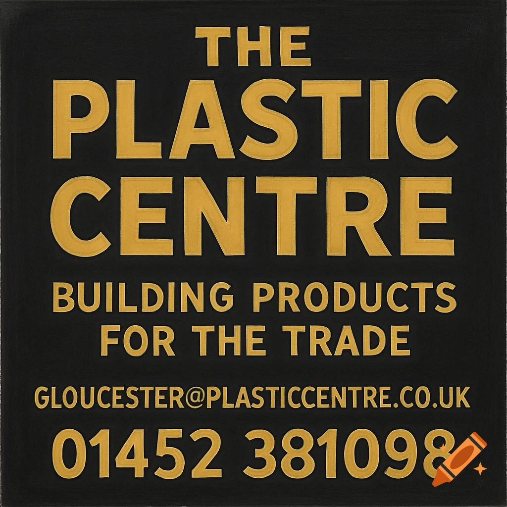 A black business sign with gold text for 'The Plastic Centre' displaying building products, email, and phone number.