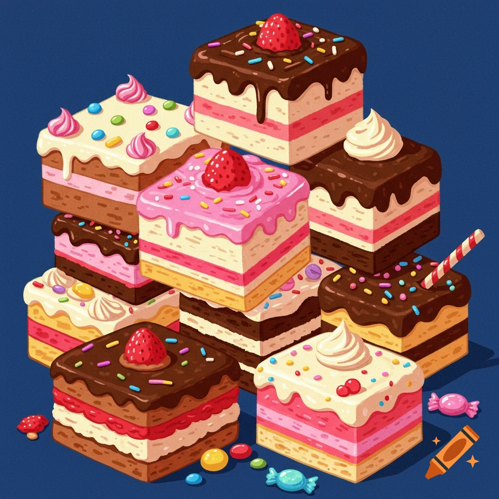 A vibrant stack of colorful, square cake slices with frosting, sprinkles, and strawberries on a blue background in an illustrative style.