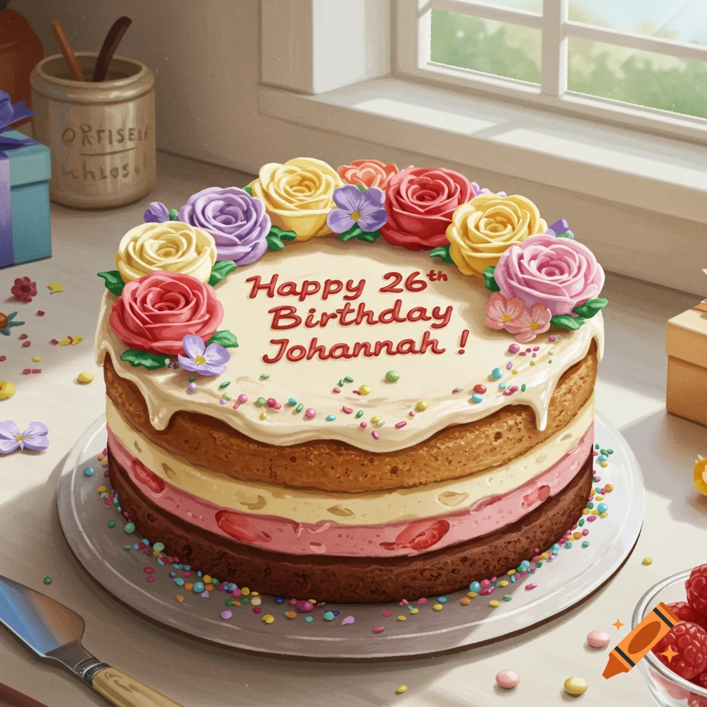 A photorealistic birthday cake with colorful frosting roses and sprinkles, saying "Happy 26th Birthday Johannah!" on top.