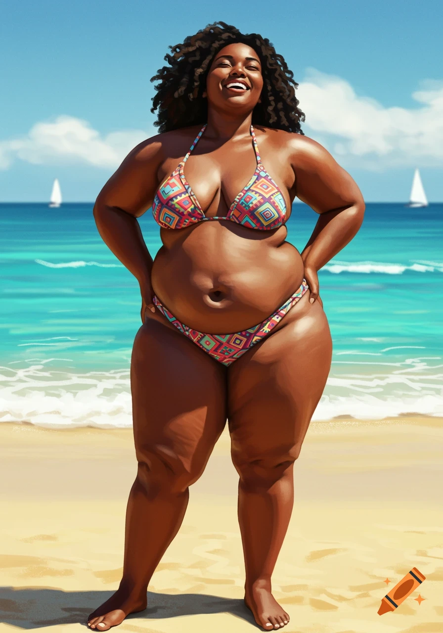 A smiling plus-size Black woman in a colorful patterned bikini stands on a sunny beach by the ocean.