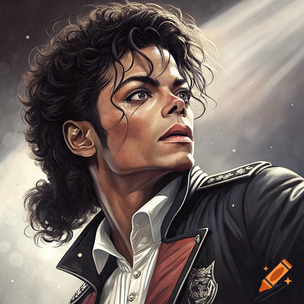 Stylized portrait of Michael Jackson with curly hair, looking upwards in a military-style jacket.
