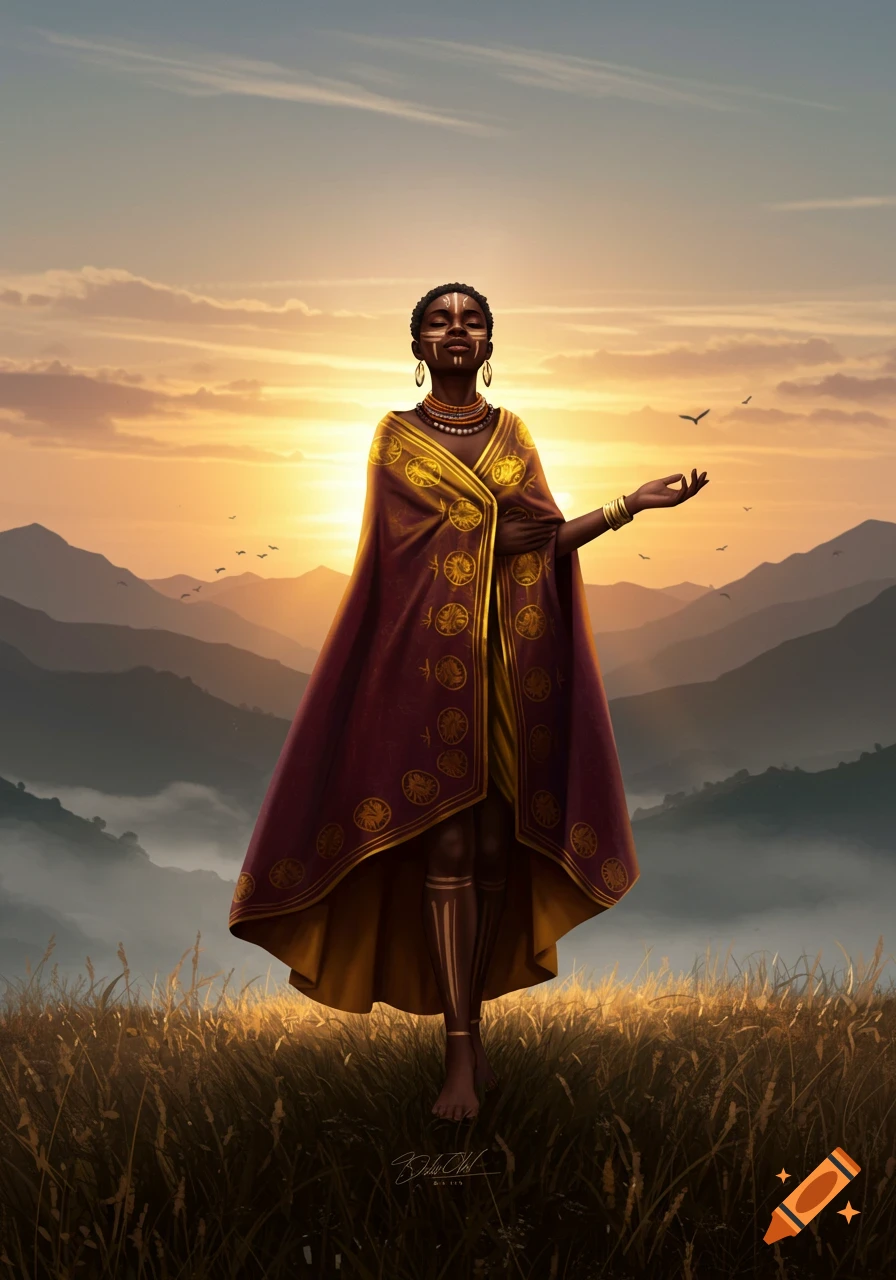 A proud African woman in a flowing gold and earth-toned garment with tribal face paint stands on a hill at sunset, mountains in background.