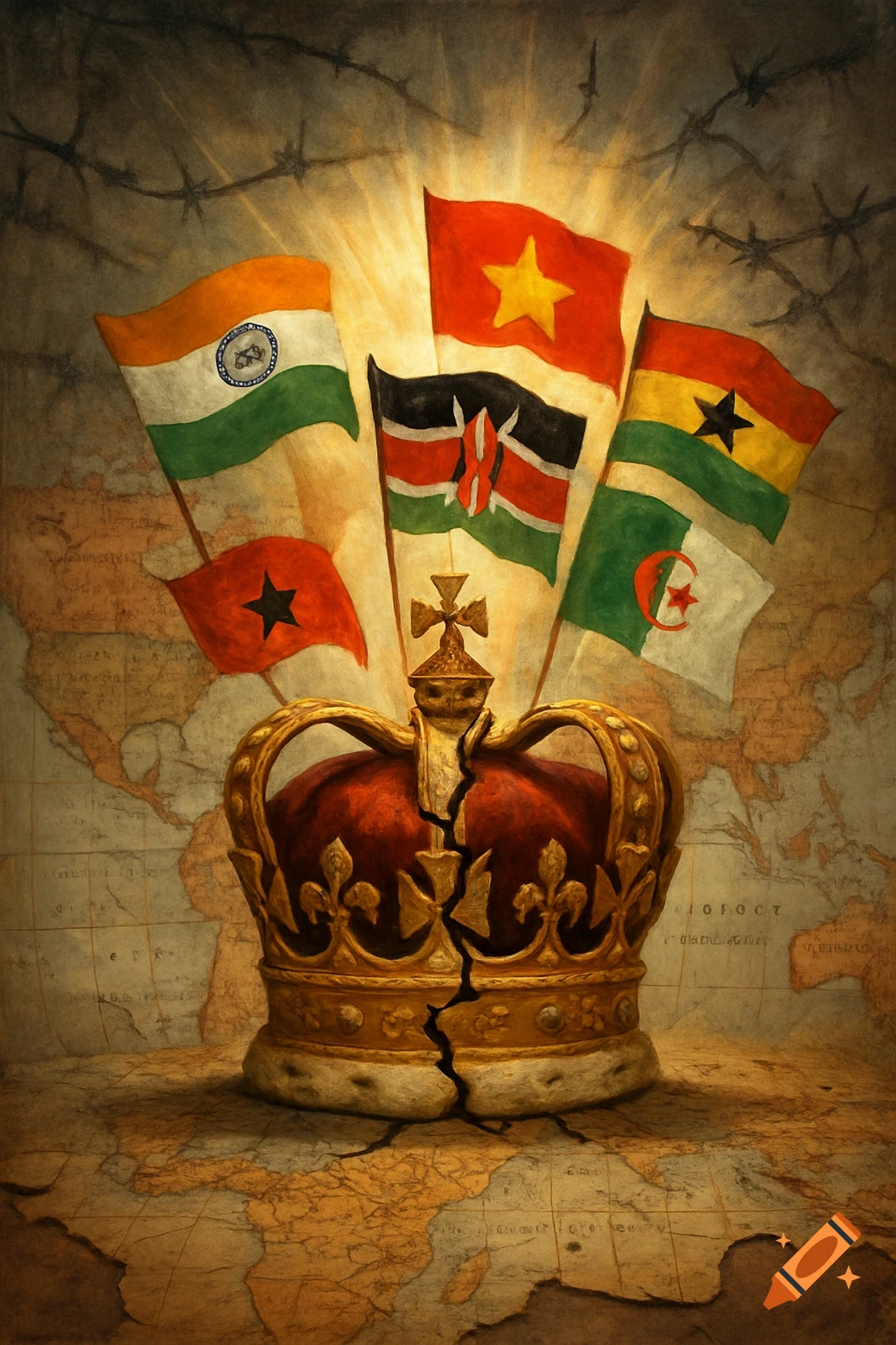 A broken gold imperial crown rests on a faded 19th-century world map, with national flags of former colonies emerging from its cracks. Barbed wire shadows are in the background.