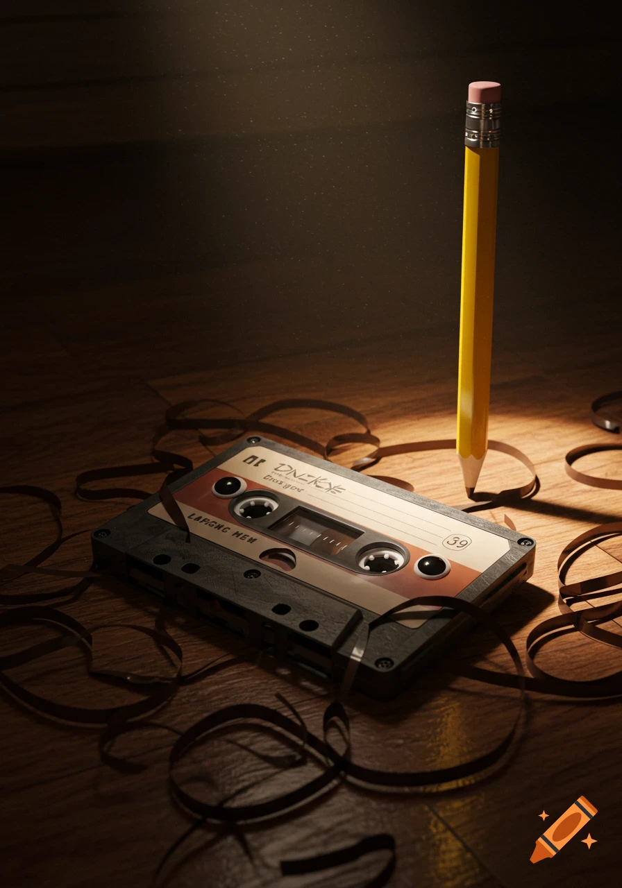 A photorealistic still life of an unspooled cassette tape and a yellow pencil standing upright on a dark wooden surface, bathed in dramatic light.