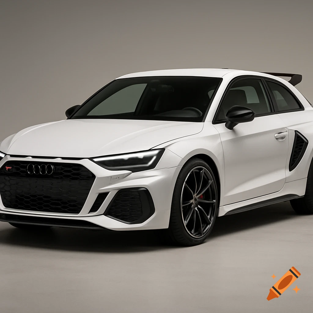 A white 2025 Audi RS1 three-door hatchback with aggressive styling and black details in a studio environment.