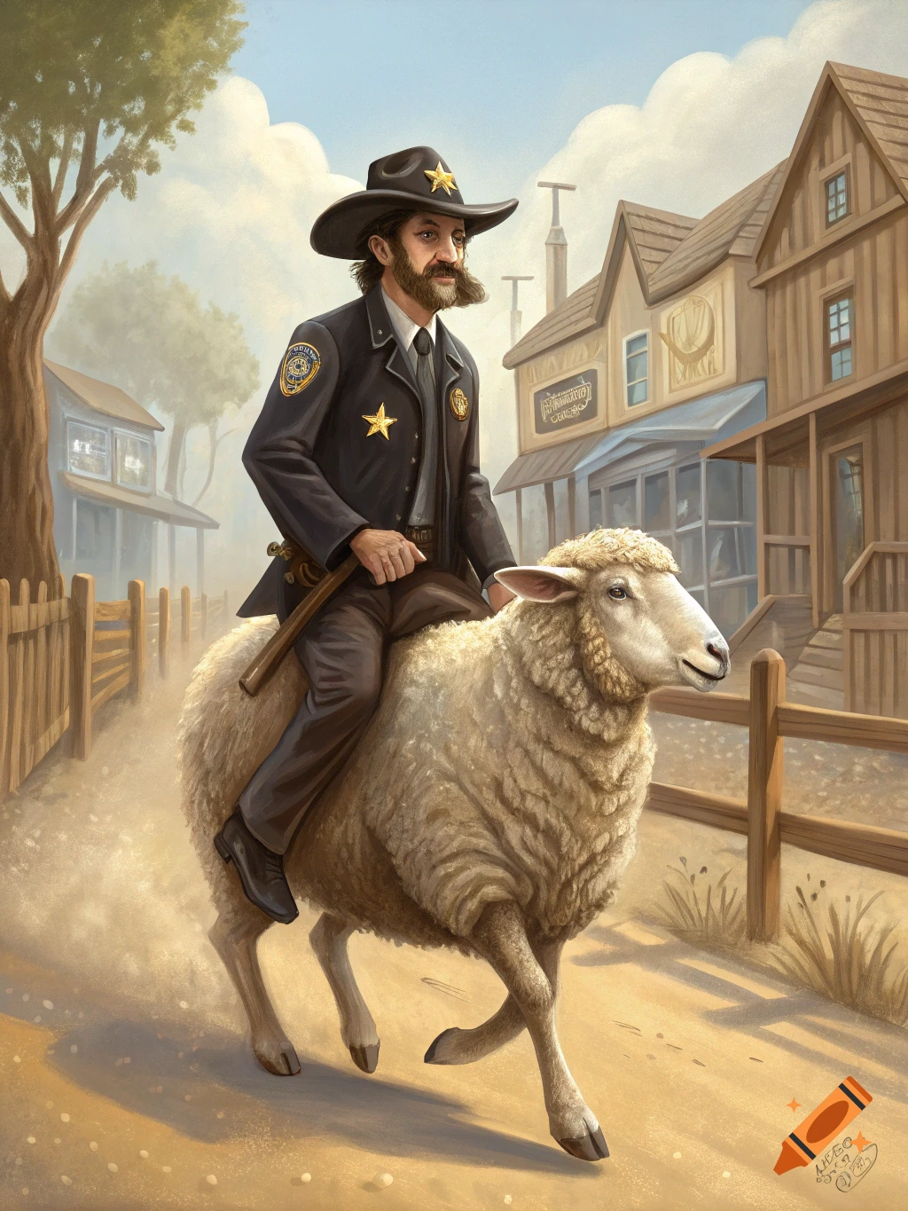 A sheriff with a large beard and star badge rides a sheep down a dusty street in a Wild West town, in a painterly style.