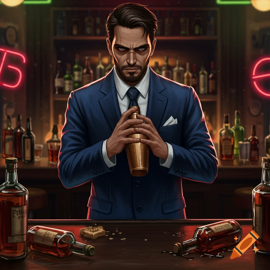 An illustrative image of a stern-looking man in a suit holding a cocktail shaker behind a bar, with bottles and neon signs in the background.