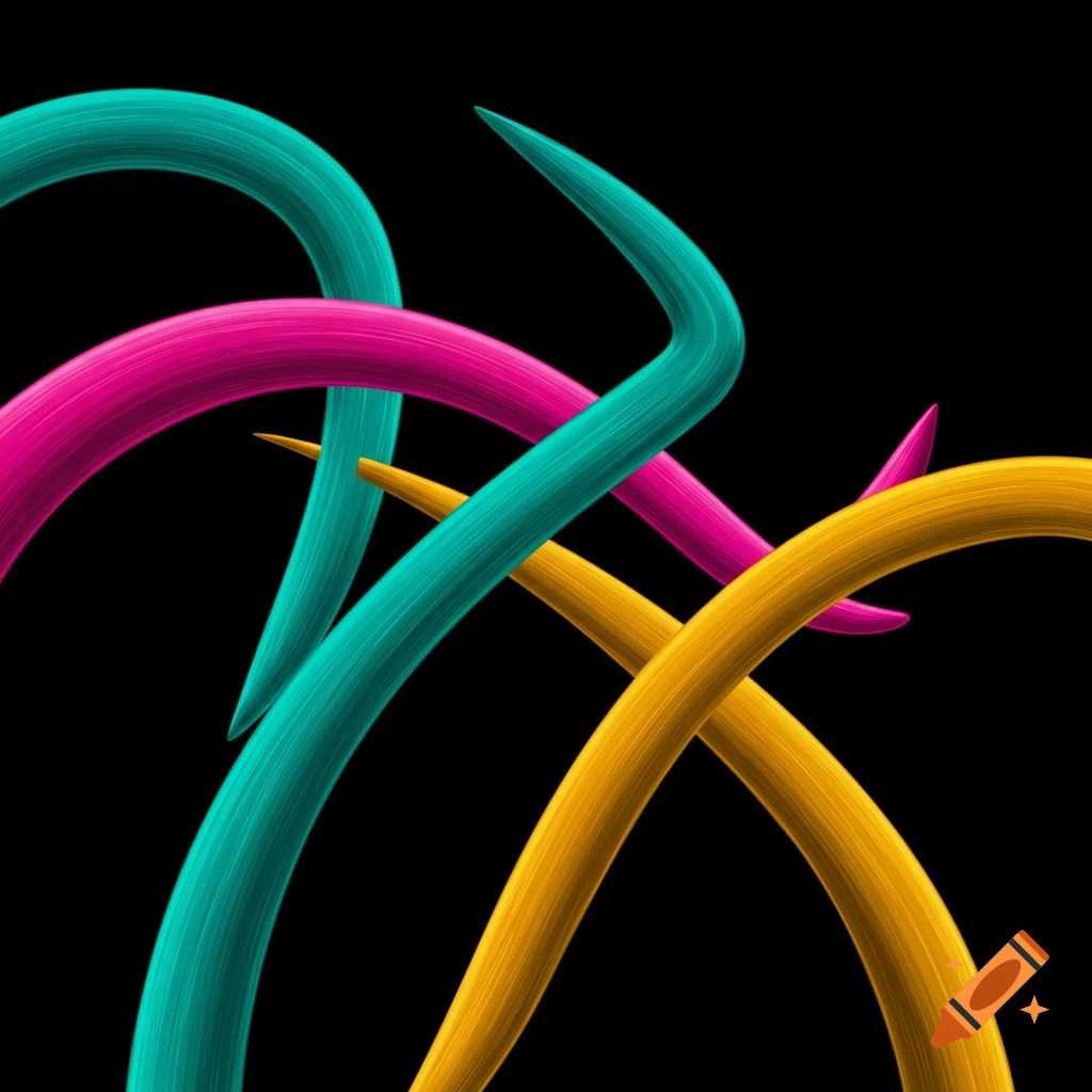 Three colorful wavy lines, teal, magenta, and gold, intertwine on a black background.