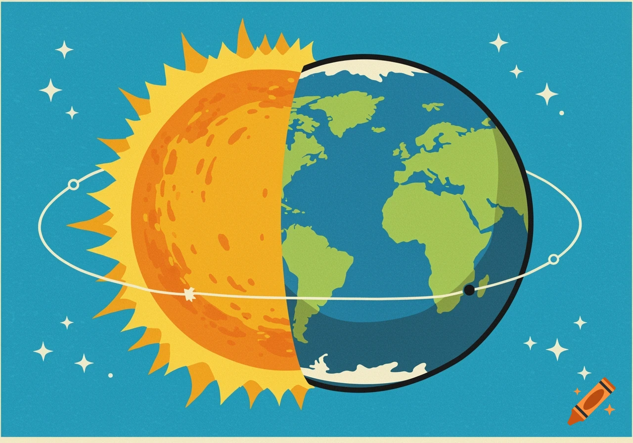 A retro cartoon illustration showing the Sun illuminating half of the Earth, depicting day and night, with Earth's orbit.