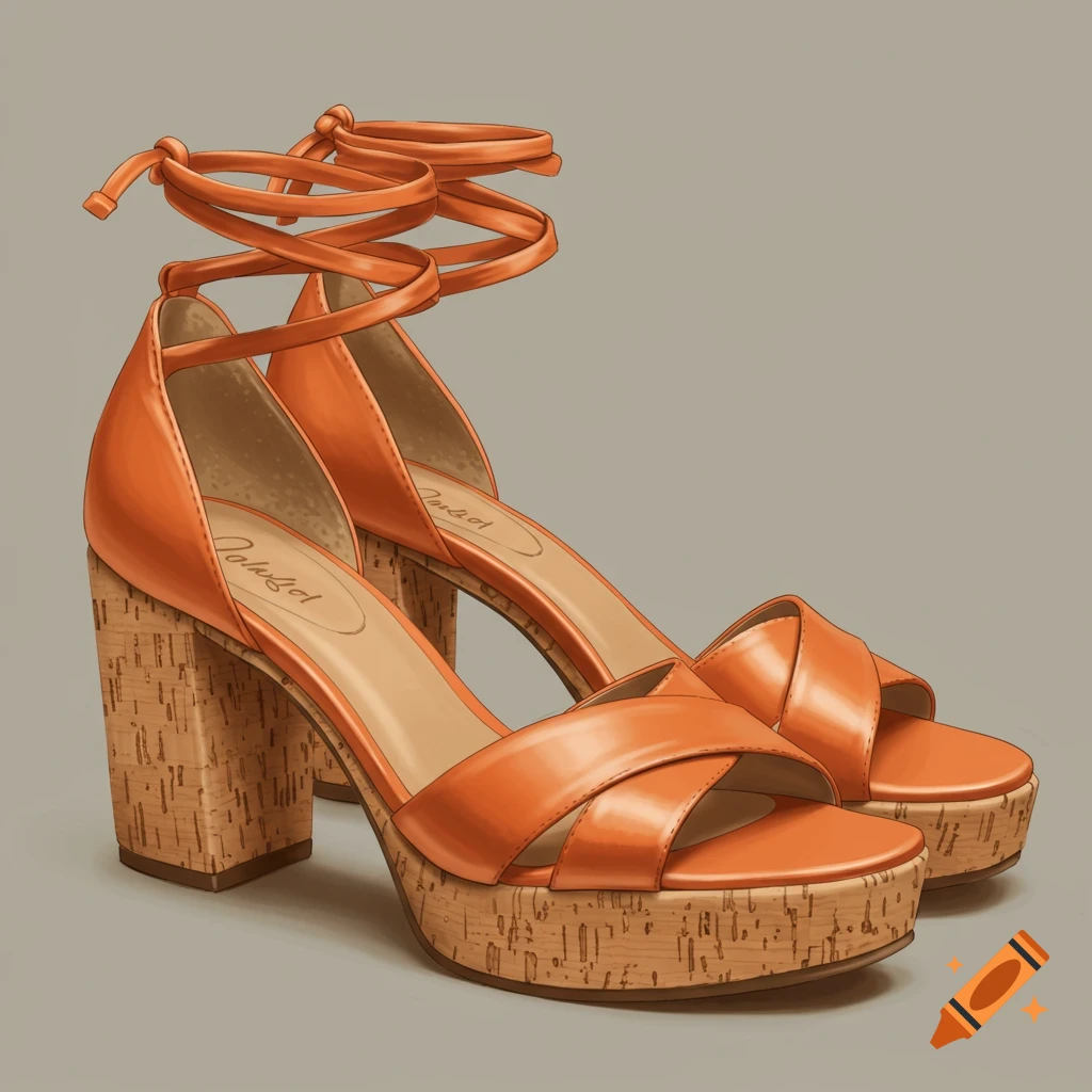 A pair of orange platform sandals with cork heels and straps tied around the ankles, against a grey background.