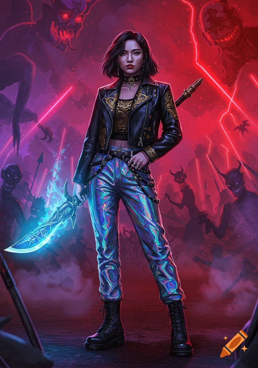 A dark fantasy illustration of a young woman with a glowing sword surrounded by demons in a red and purple mist.