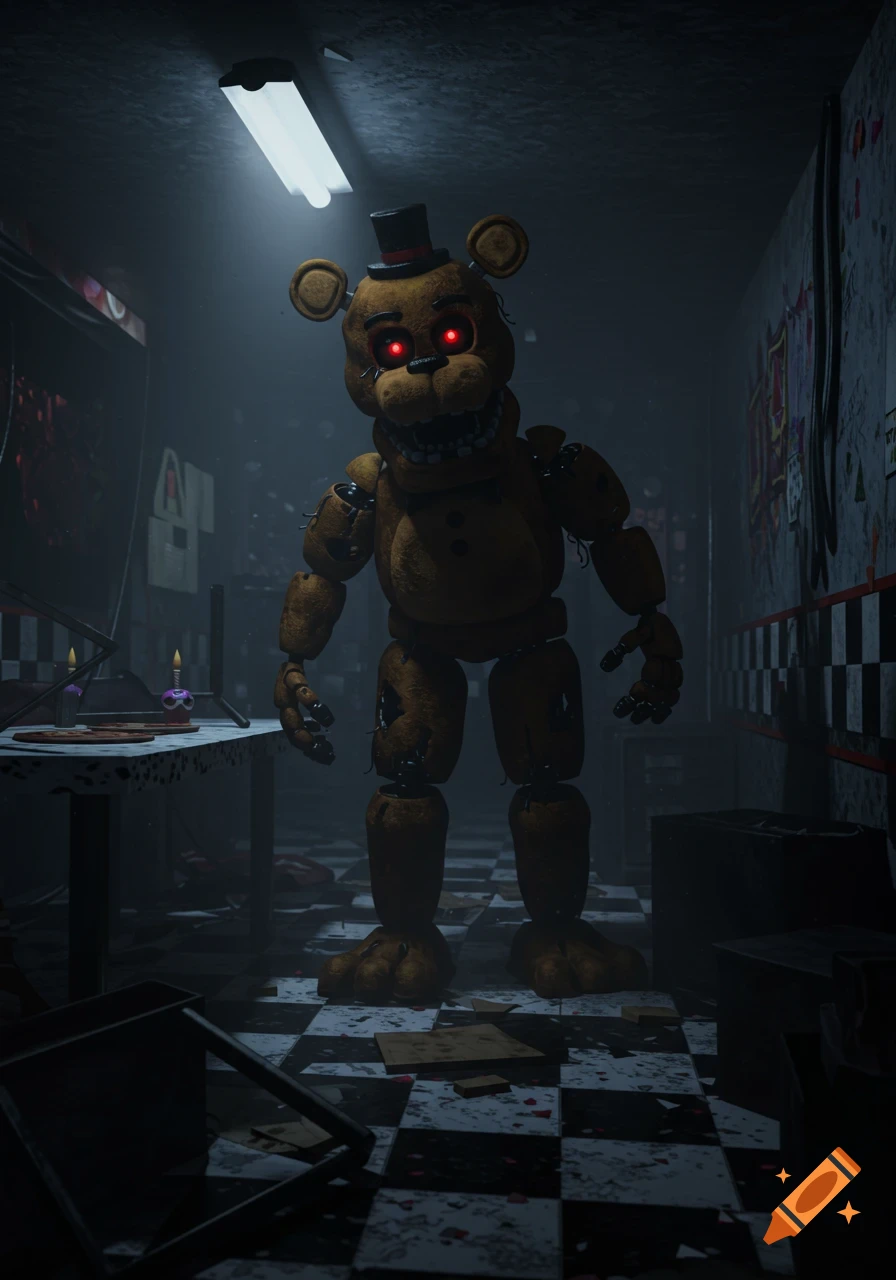 A photorealistic 3D render of Freddy Fazbear with glowing red eyes standing in a dark, abandoned pizzeria hallway.