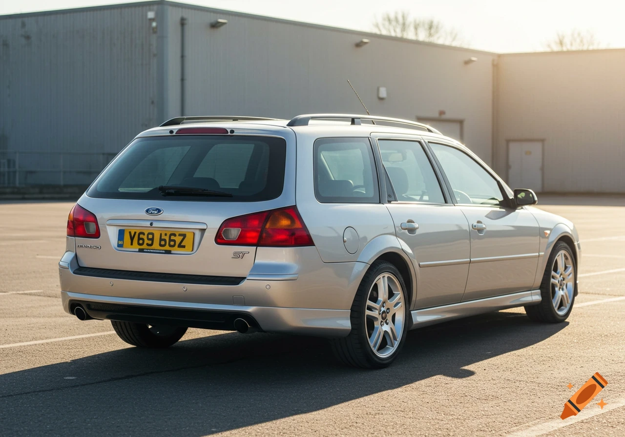 A silver Ford Mondeo ST estate car is parked in a lot, viewed from the rear.