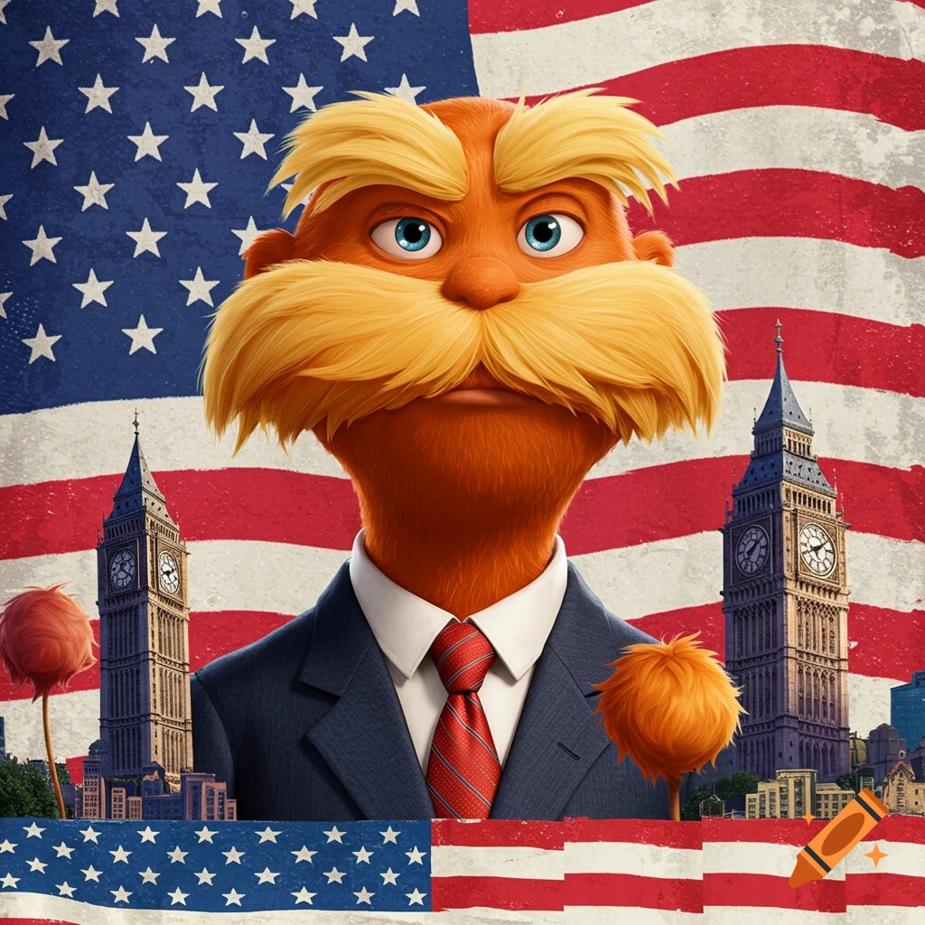 The Lorax in a blue suit and red tie stands in front of a distressed American flag, flanked by two Big Ben clock towers.