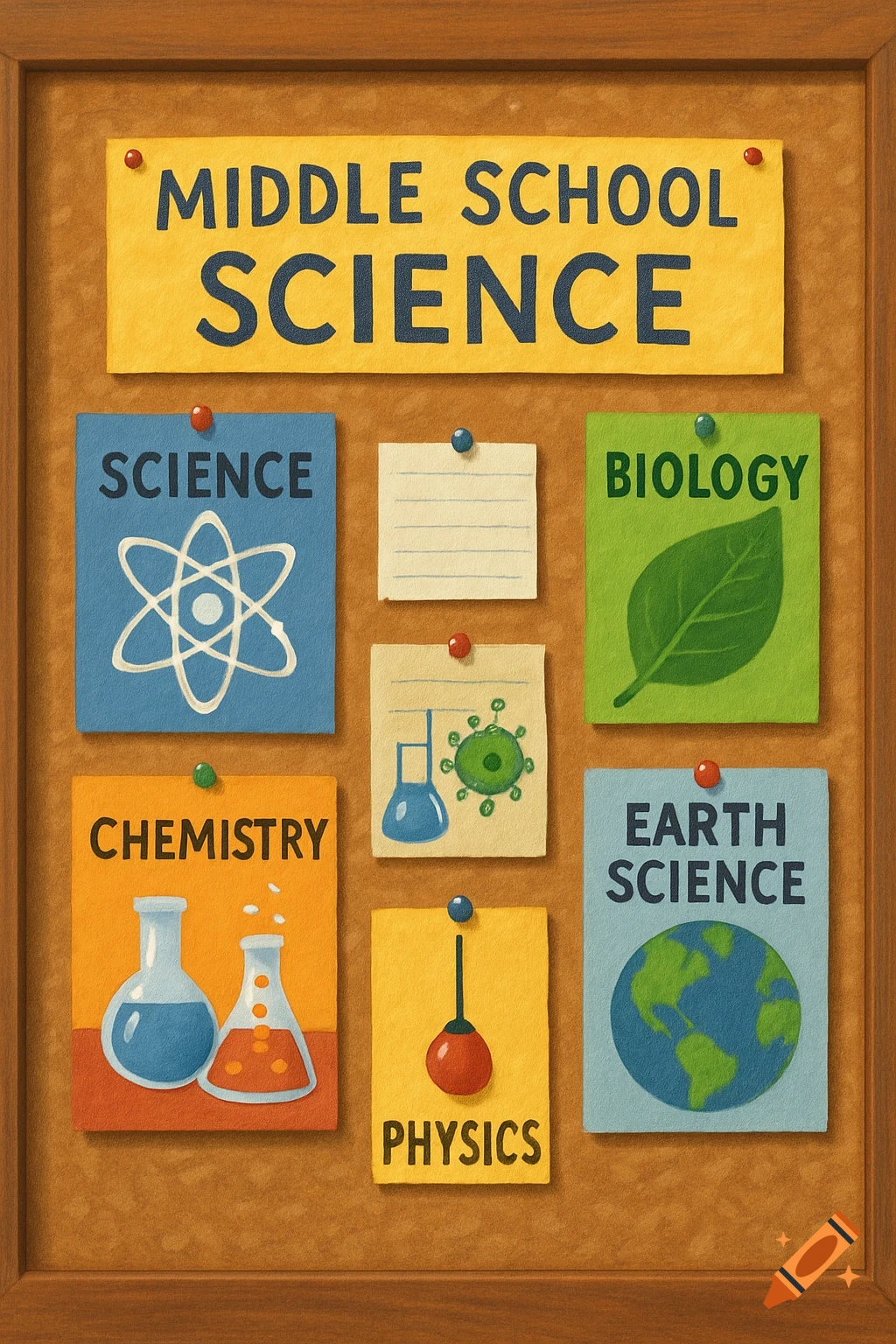 A colorful illustrated bulletin board displaying 'Middle School Science' along with various science subjects like Biology, Chemistry, Physics, and Earth Science, each with a corresponding icon.