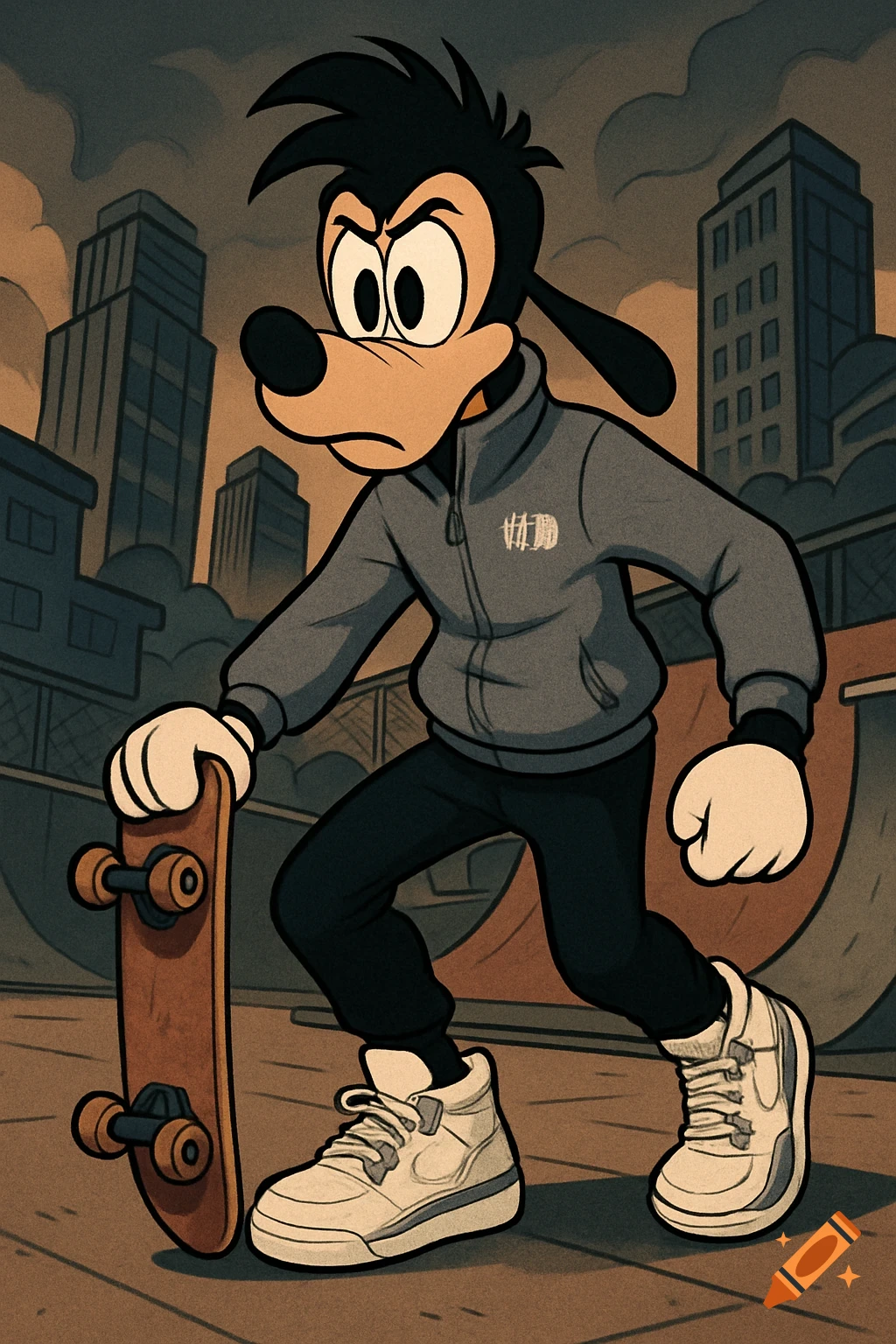A cartoon dog resembling Max Goof stands in an urban skate park, holding a skateboard. He wears a gray hoodie and black pants.