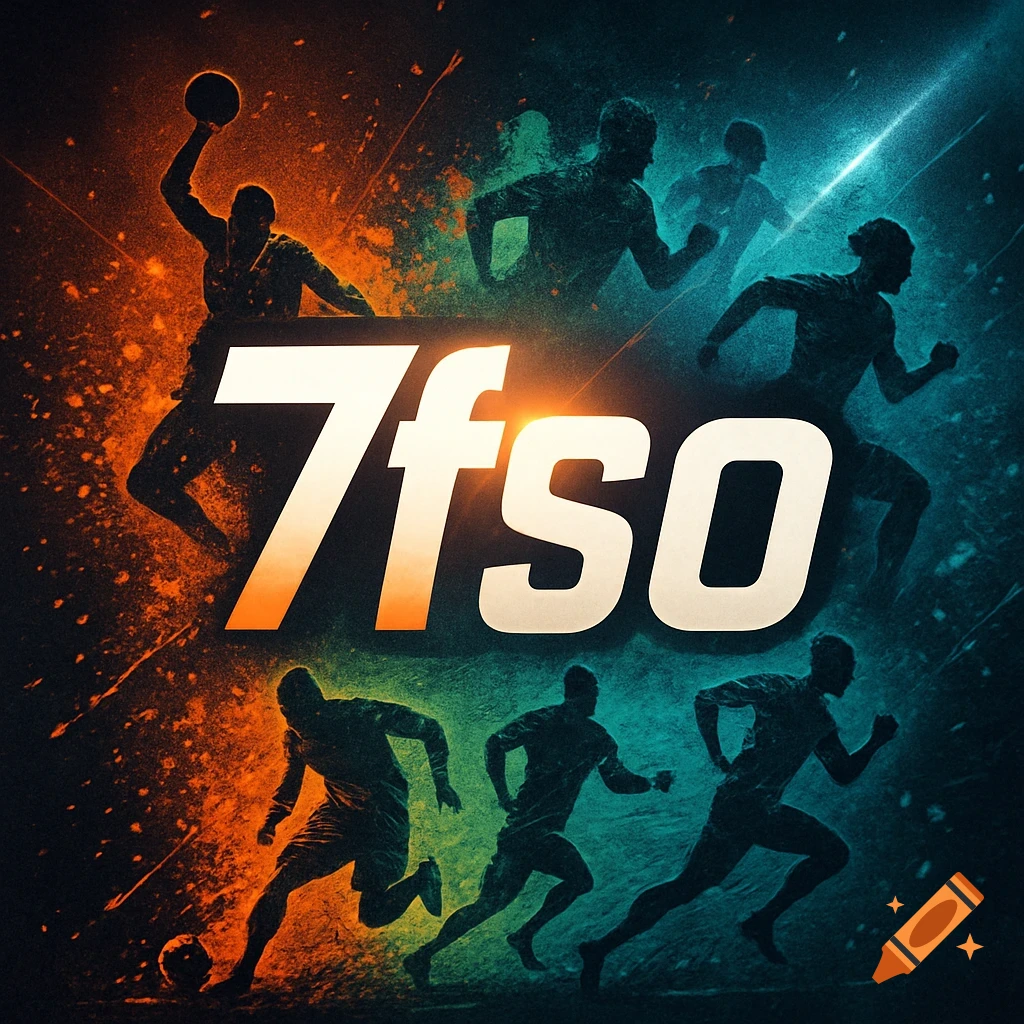 A dynamic sports poster with silhouettes of athletes in action, colored orange and teal, with the text '7fso' prominently displayed.
