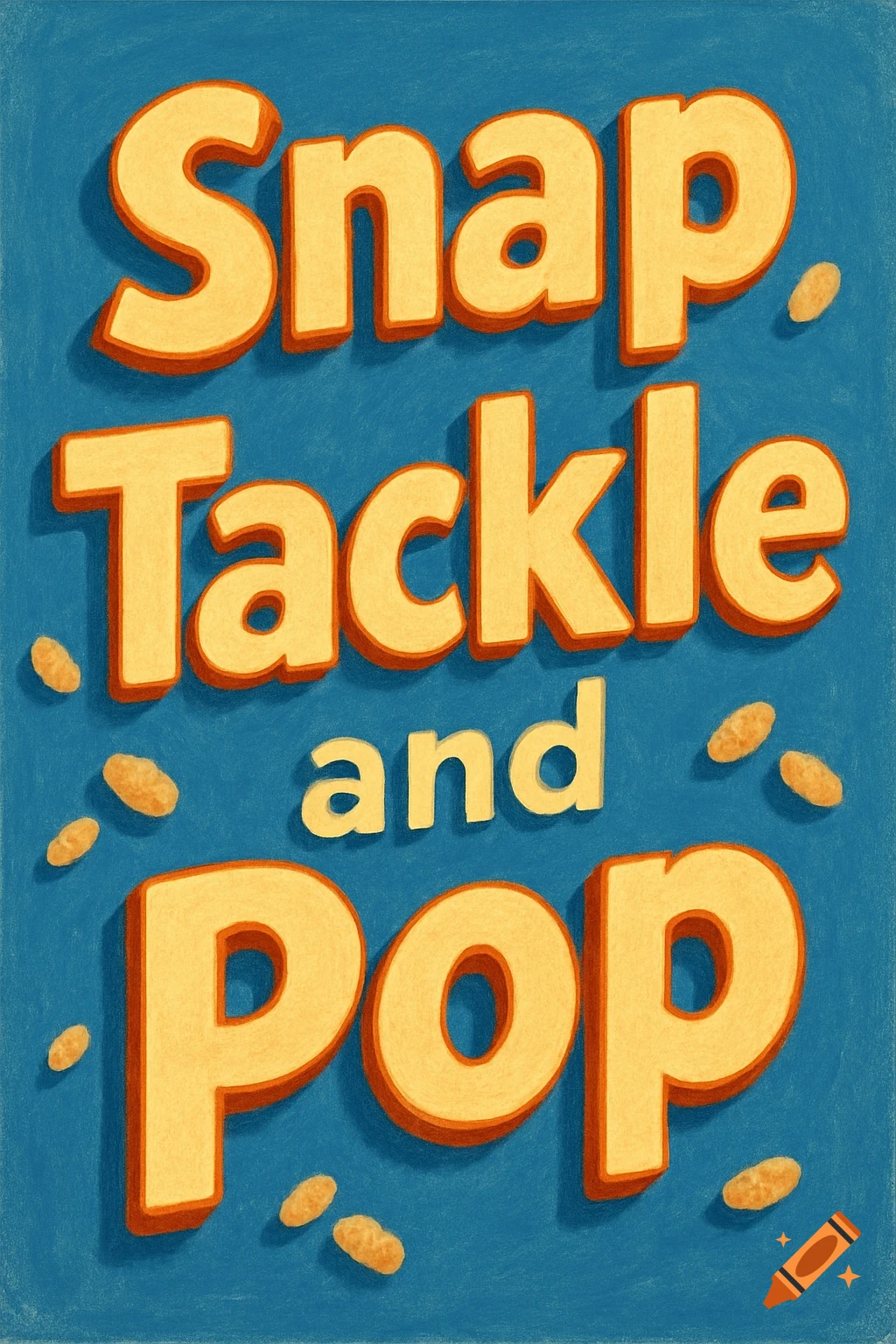 The words 'Snap Tackle and Pop' in bold yellow 3D letters with orange shadows on a textured blue background, surrounded by oval cereal shapes.