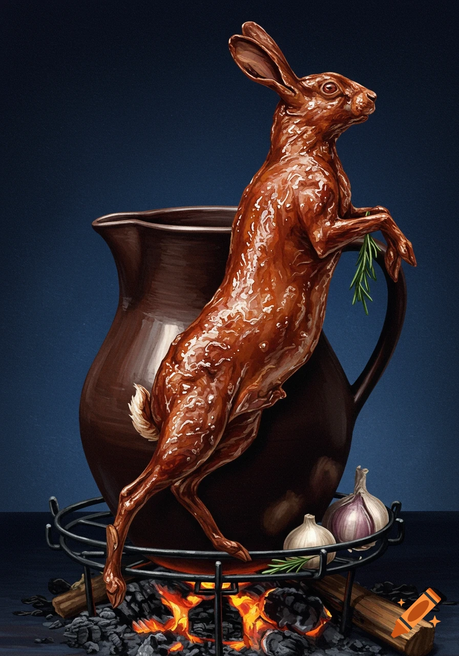 An illustrative still life of a cooked hare propped against a large brown jug on a grill over burning coals, with garlic and rosemary.