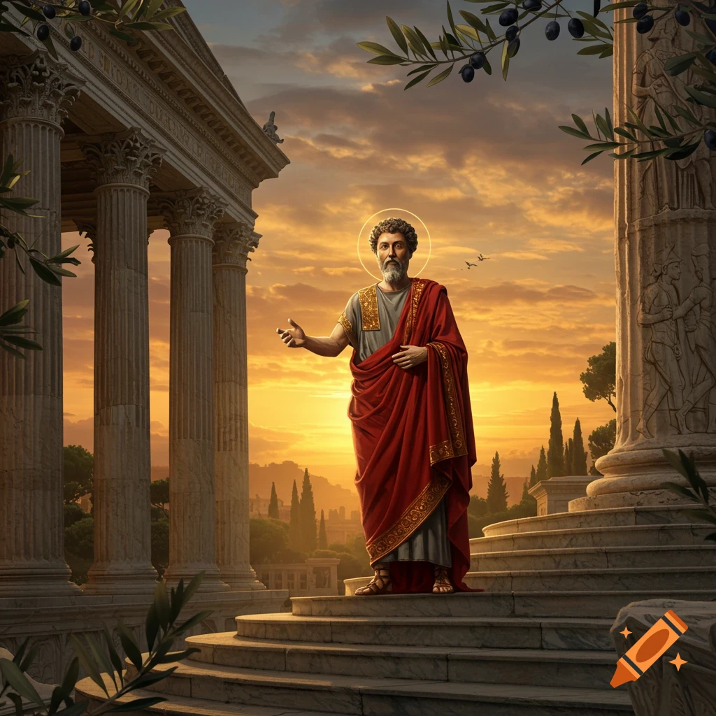 A man with a halo and a red toga stands on steps by Roman columns at sunset, with olive branches in the foreground.
