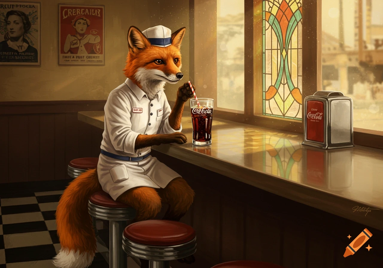 An anthropomorphic fox wearing a 1920s soda jerk uniform sits at a diner counter, sipping a Coca-Cola from a glass. Stained glass windows and vintage posters are in the background.