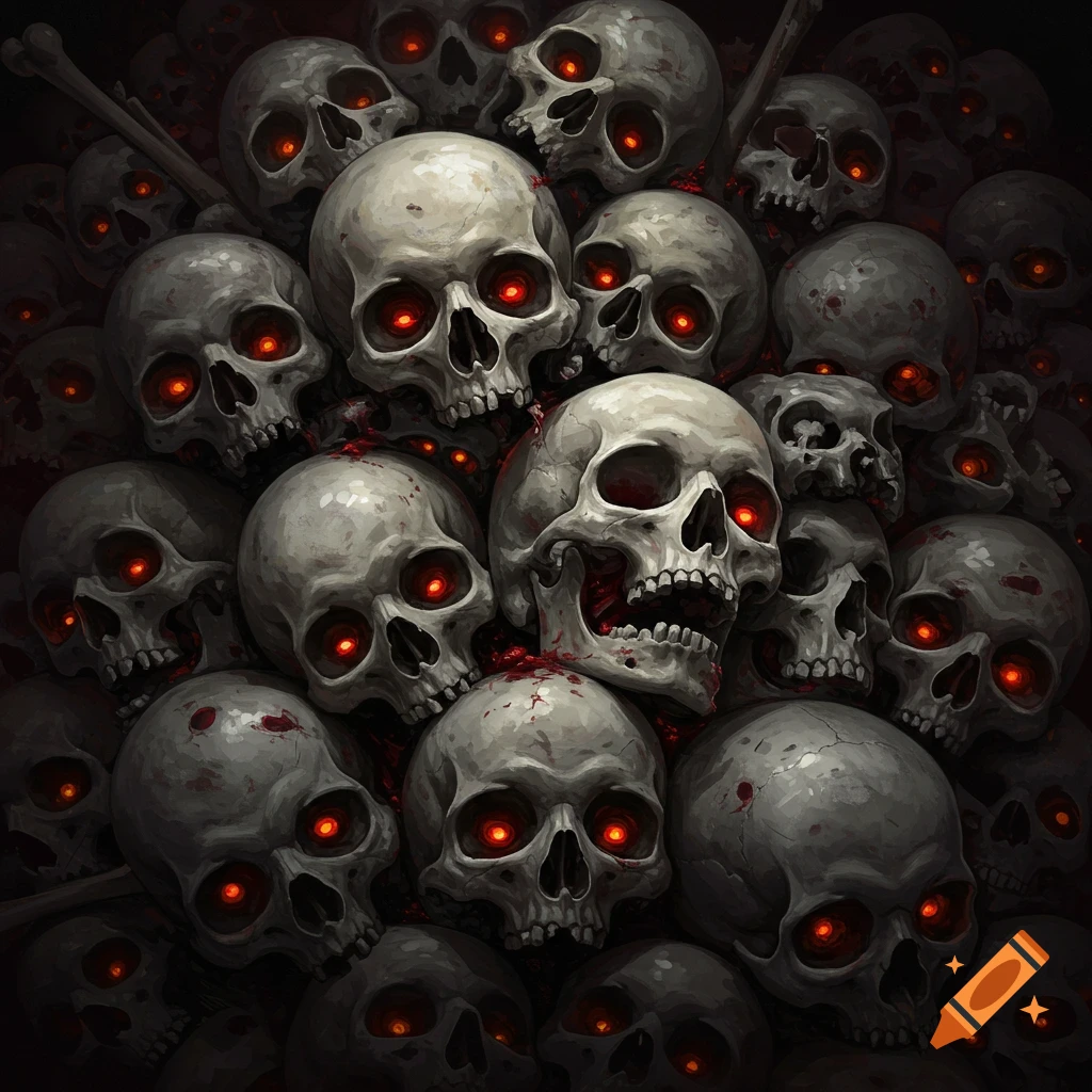 A pile of skulls with glowing red eyes, some splattered with red, in a dark, macabre style.