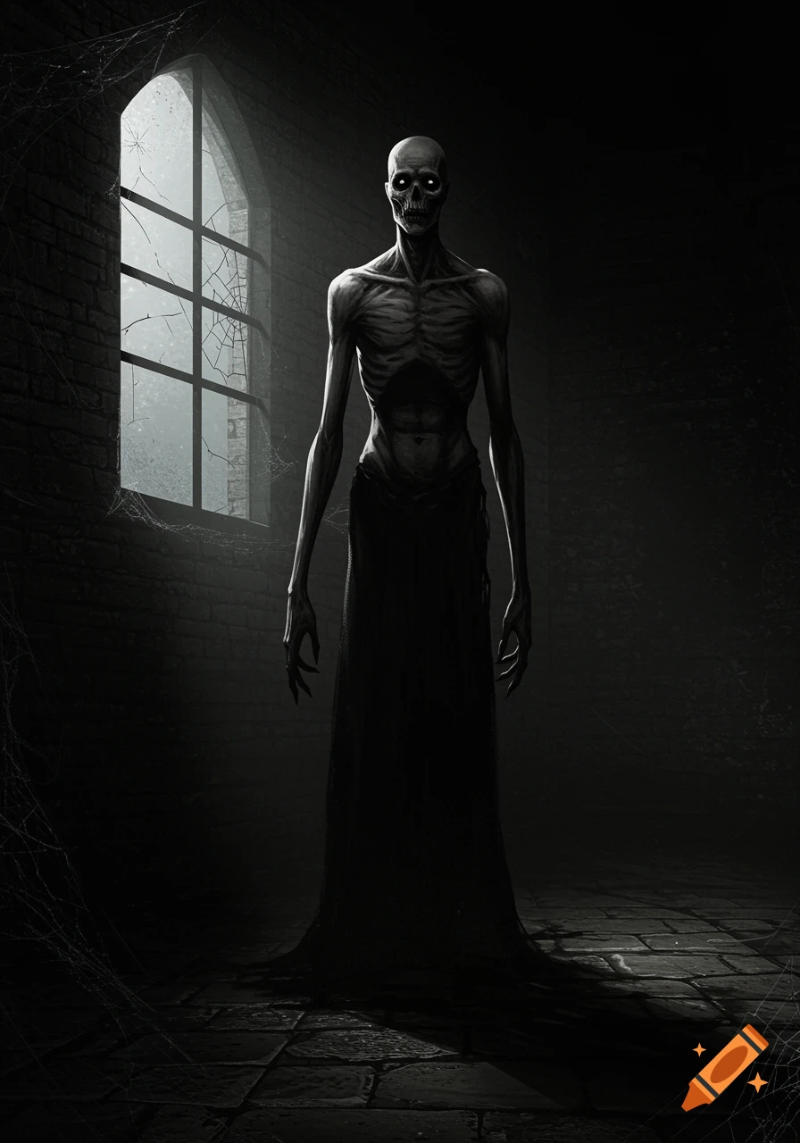 A tall, emaciated, corpse-like figure with glowing eyes and grey skin stands in a dark, shadow-filled room with an arched, broken window.