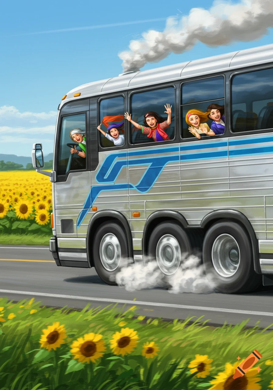 A tour bus with people waving from windows drives past a sunflower field on a sunny day, with smoke from its wheels and exhaust.
