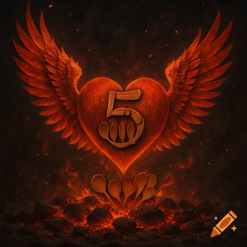 A fiery red heart with phoenix wings floats above glowing coals, a stylized number 5 made of wooden spoons on its center.