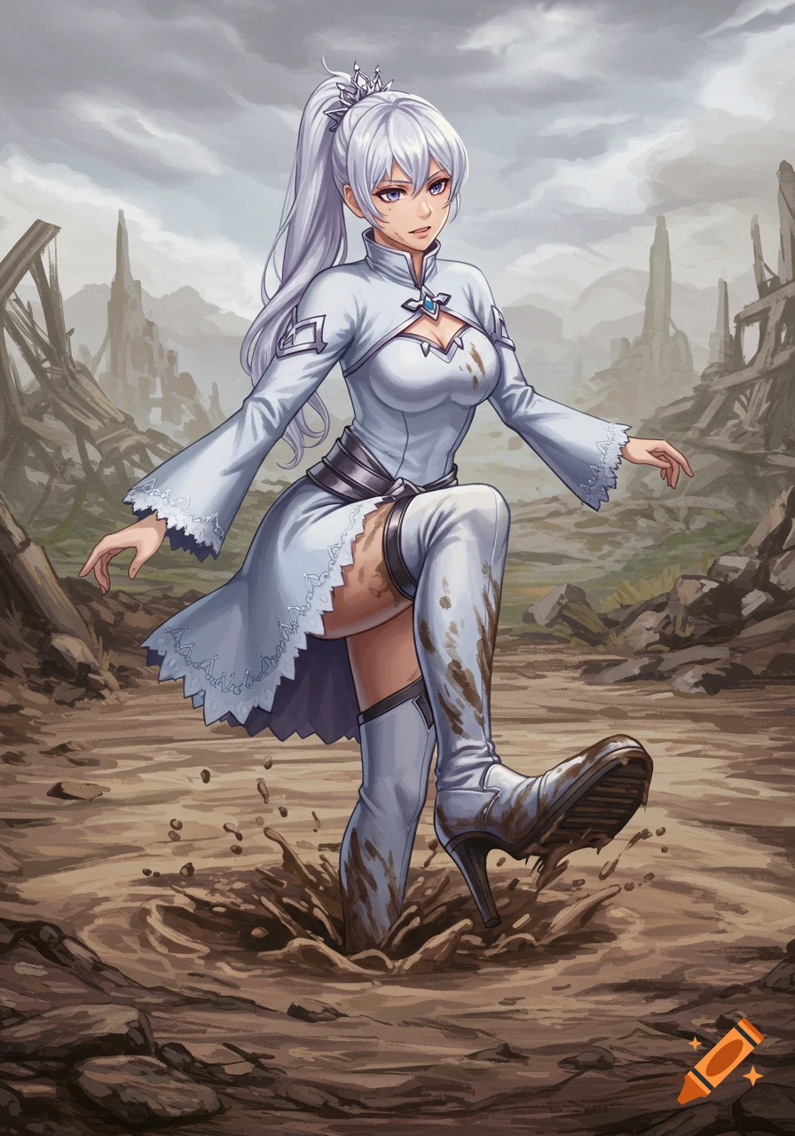 An anime woman with white hair in a white dress and high heel boots steps into deep mud in a ruined landscape, digital art.