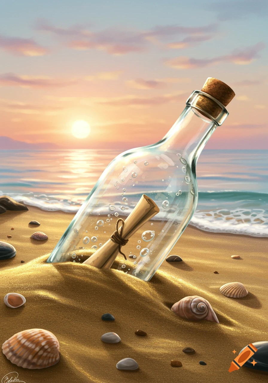 Digital painting of a message in a bottle on a sandy beach at sunset.