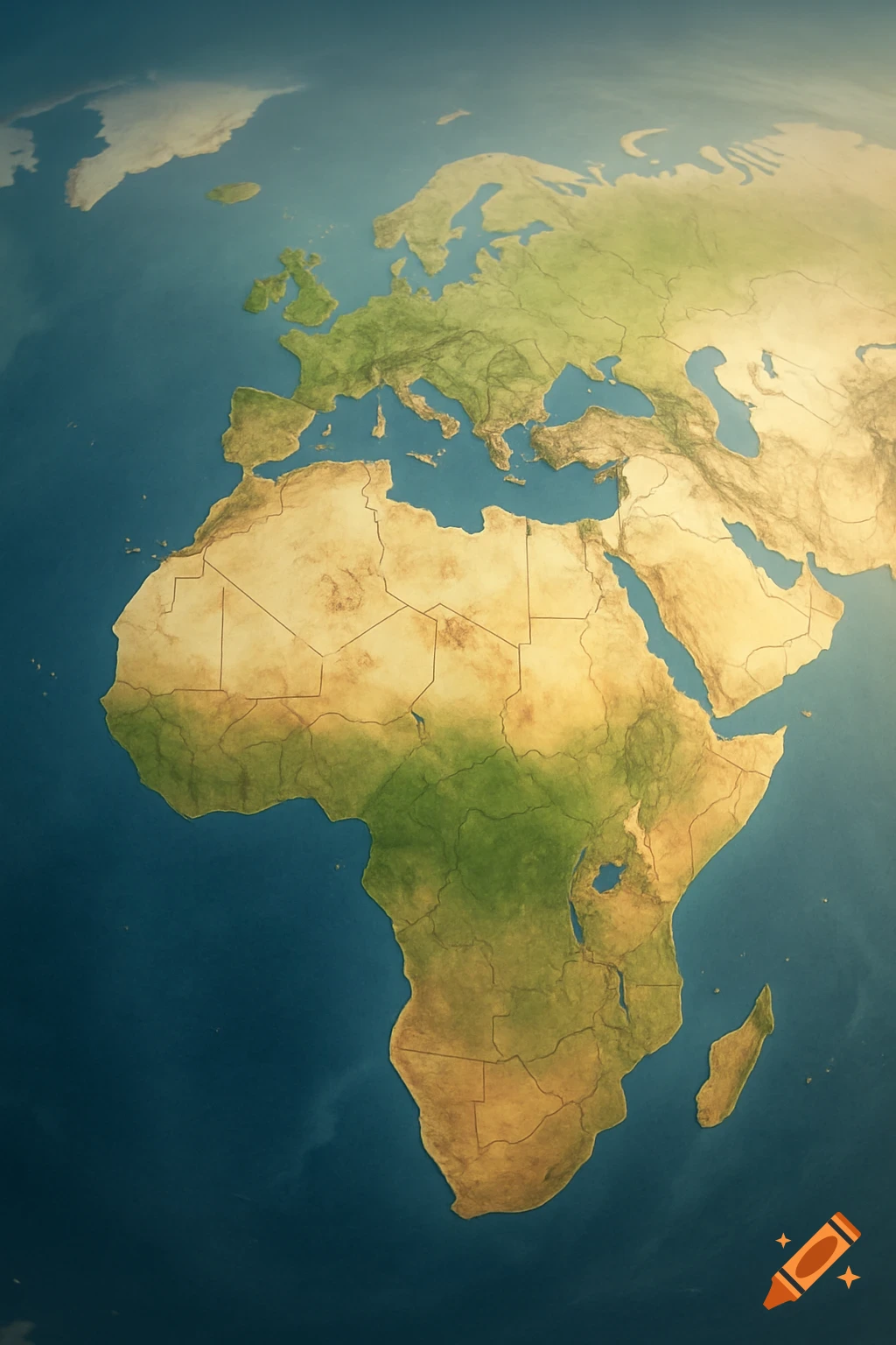 A detailed 3D relief map showing the continents of Africa and parts of Europe and Asia.
