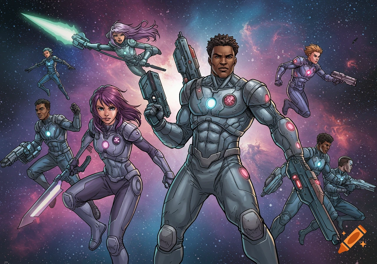 A group of diverse comic book characters in futuristic gray and purple suits, floating in space with weapons and glowing accents.