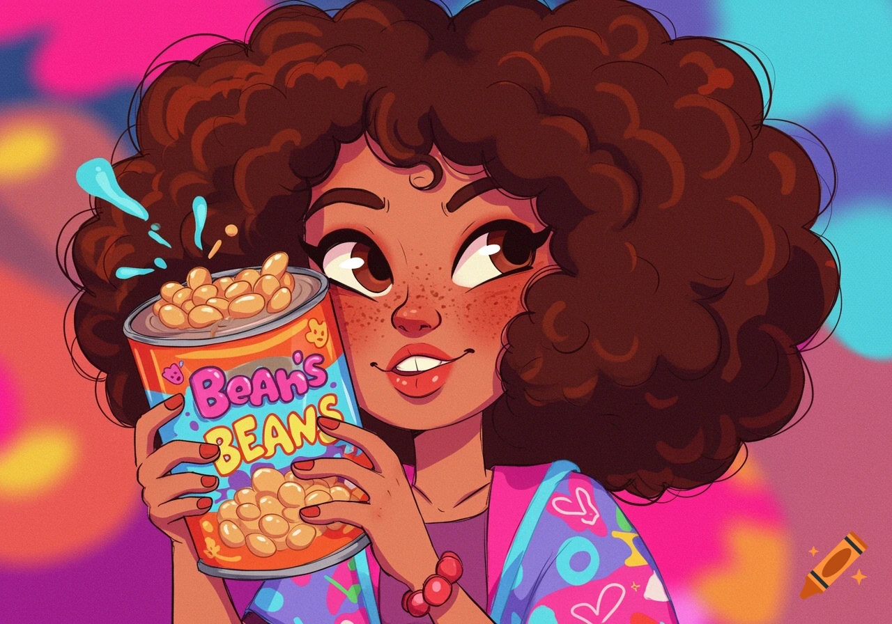 Vibrant cartoon of a smiling brunette girl with freckles and curly hair holding a can of beans.