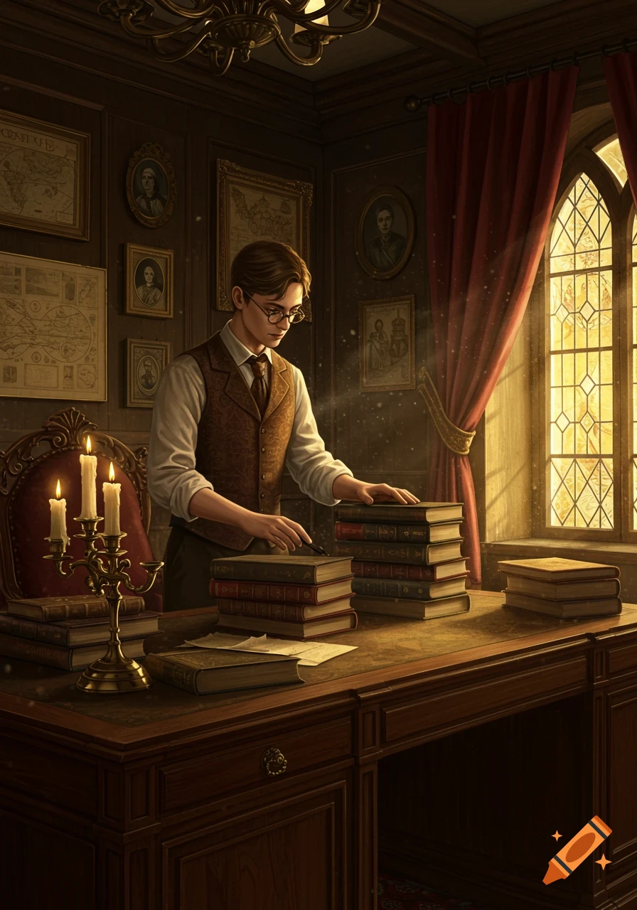 A young man with glasses and a vest stands at a wooden desk, organizing stacks of books in a sunlit, antique study.